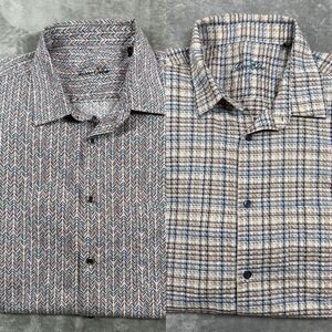 Tasso Elba Button Down Shirt Mens XL Khaki Marche Plaid And Tribal Lot Of 2